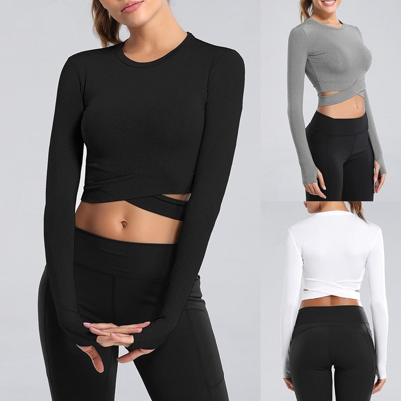 Sexy Women Long Sleeve Running TShirts Outdoor Exposed Navel T-shirts Quick Dry Fitness Gym Crop Tops Solid Sports Shirts