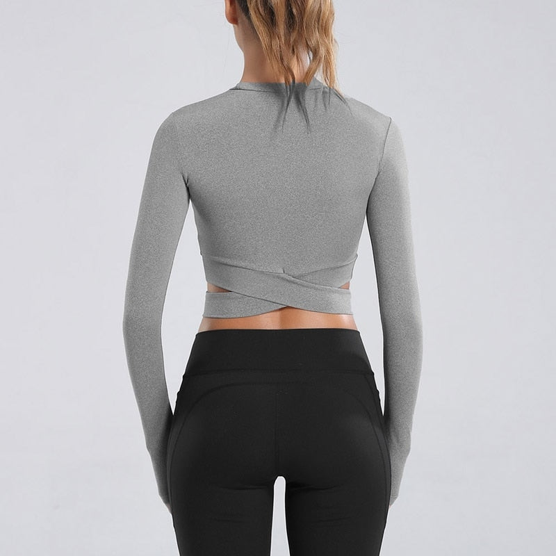 Sexy Women Long Sleeve Running TShirts Outdoor Exposed Navel T-shirts Quick Dry Fitness Gym Crop Tops Solid Sports Shirts