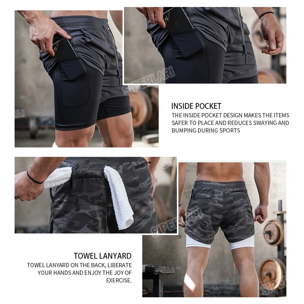 2022 Camo Running Shorts Men 2 In 1 Double-deck Quick Dry GYM Sport Shorts Fitness Jogging Workout Shorts Men Sports Short Pants