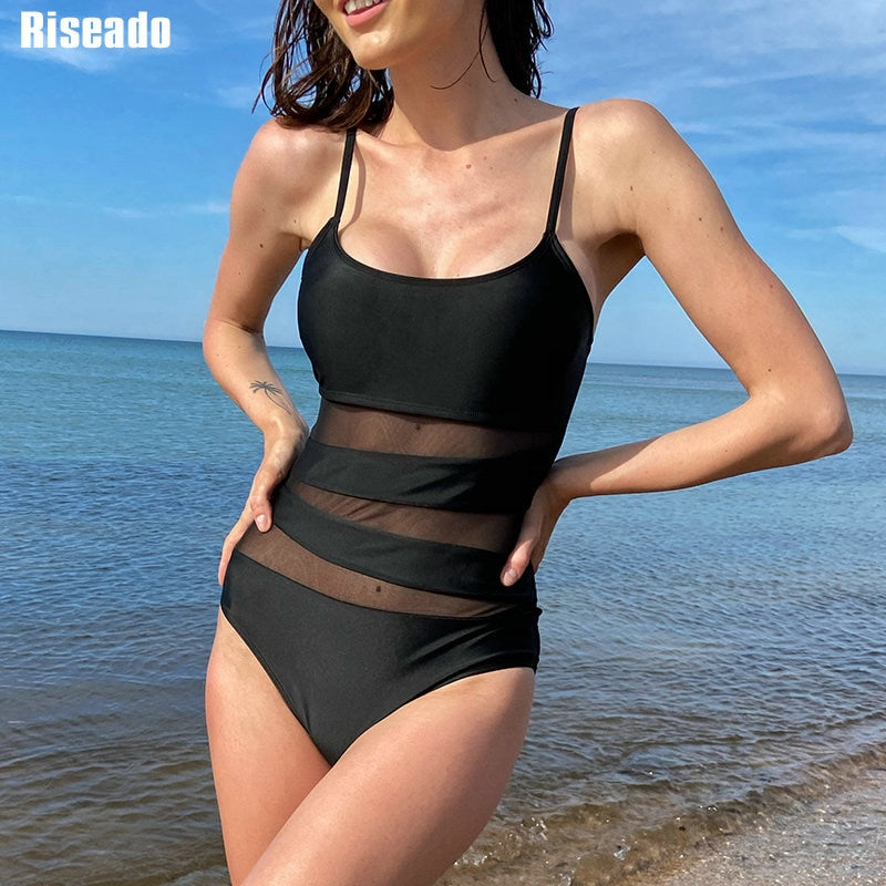 Riseado Vintage One Piece Swimsuit Mesh Swimwear Women 2022 Black Bathing Suit Strap Sexy Bodysuit Women Swimming Suits Monokini