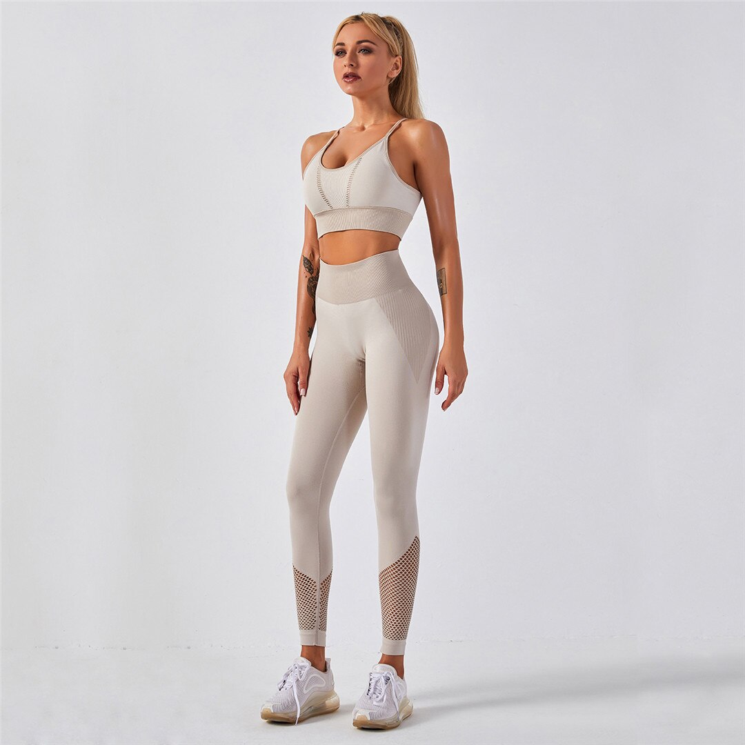 Seamless Sport Set Women Two Piece Crop Top Leggings Workout Clothes Outfit Hollow Fitness Gym Suit Sports Wear Yoga Sets A003