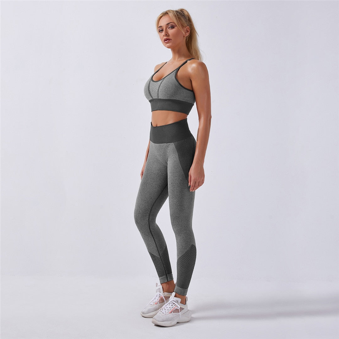 Seamless Sport Set Women Two Piece Crop Top Leggings Workout Clothes Outfit Hollow Fitness Gym Suit Sports Wear Yoga Sets A003